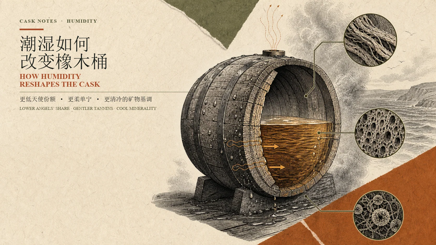 潮湿环境改变橡木桶熟成节奏的剖面插画