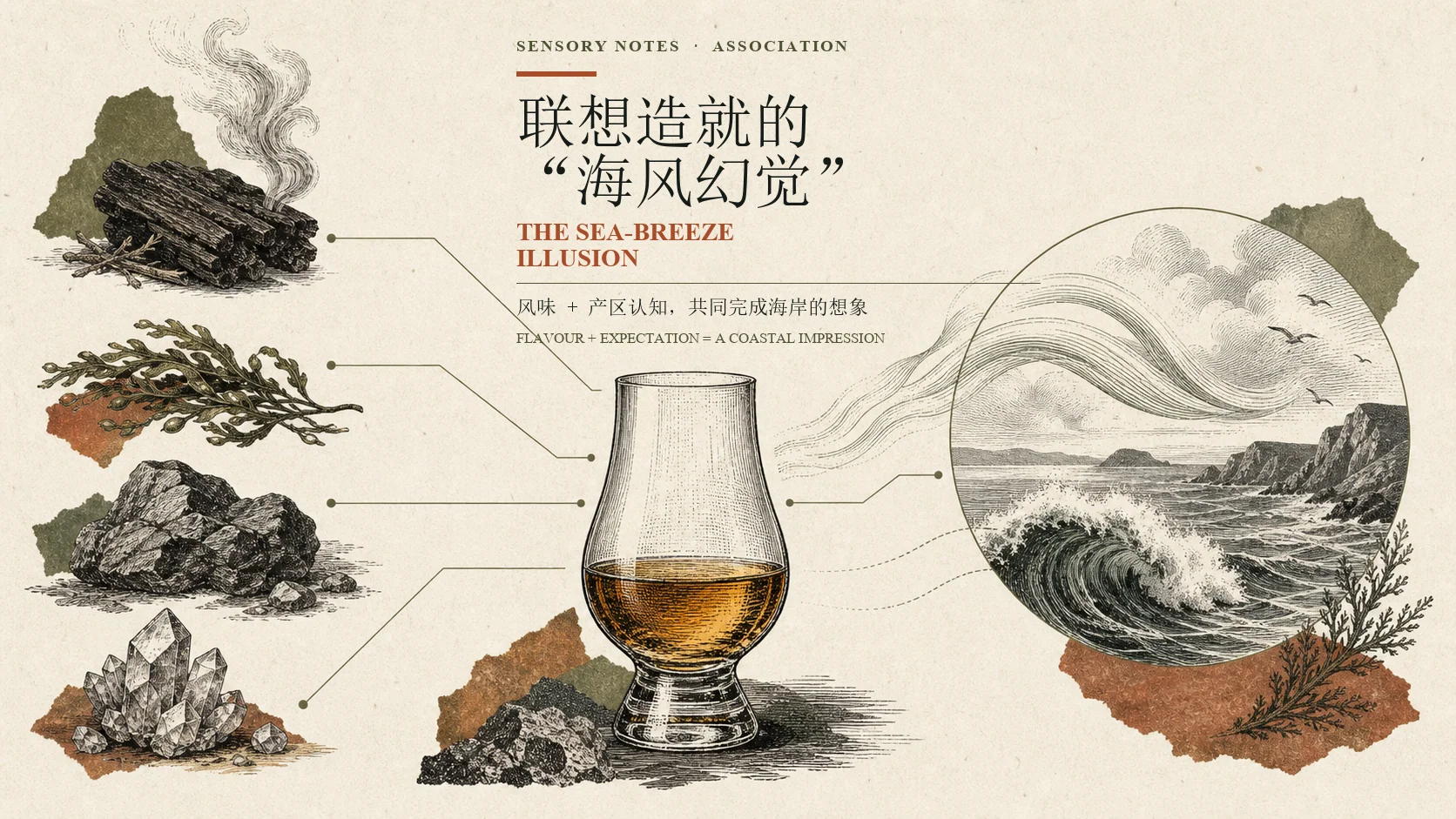矿物、海藻、泥煤与海岸共同形成海风联想的插画