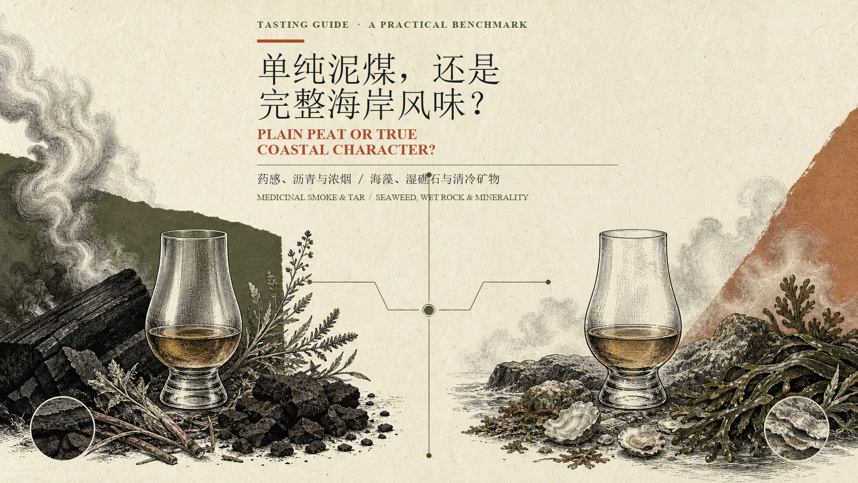 单纯泥煤烟熏与完整海岸风味的品鉴对照