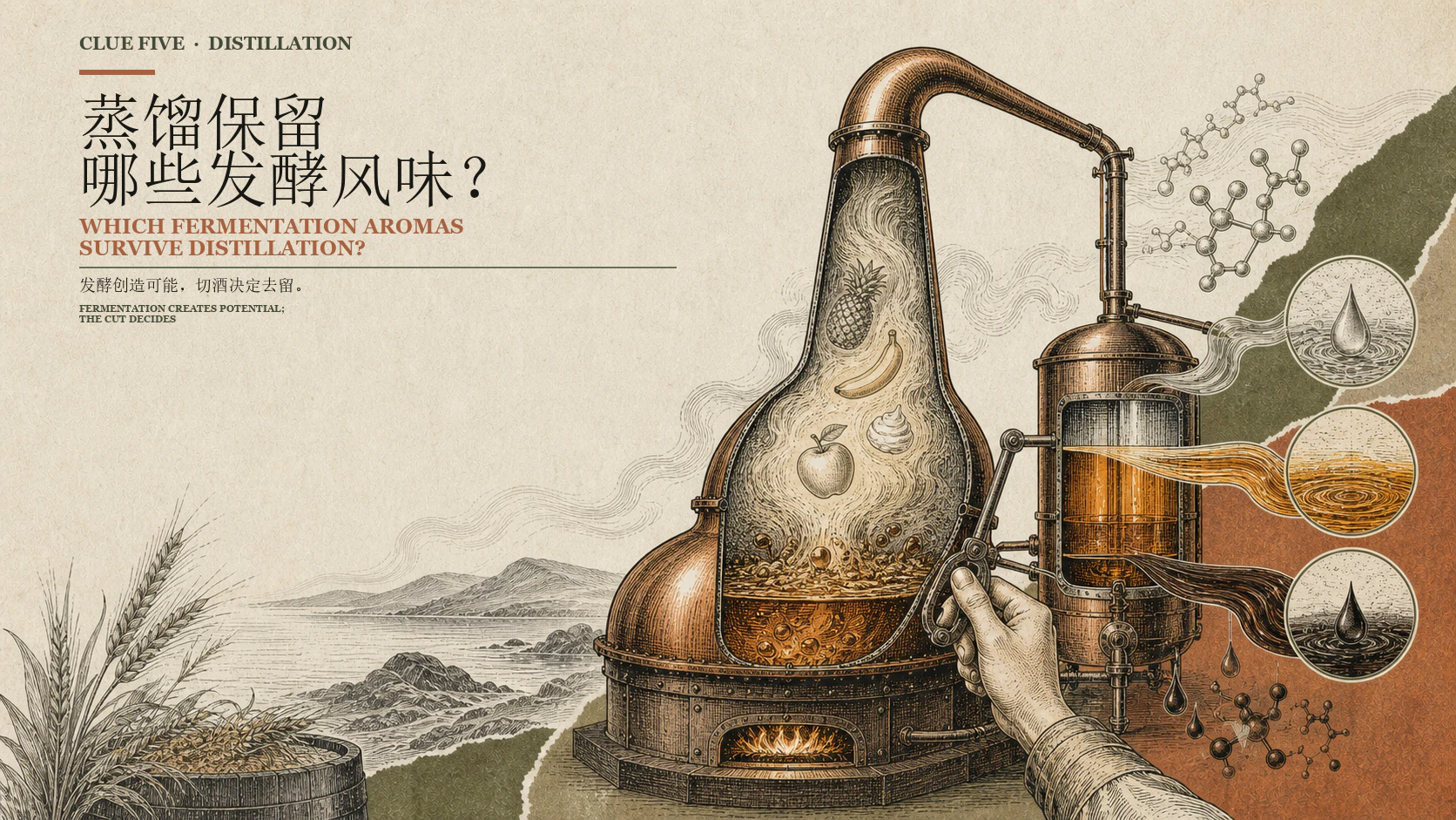 蒸馏酒头、酒心与酒尾筛选风味的示意图