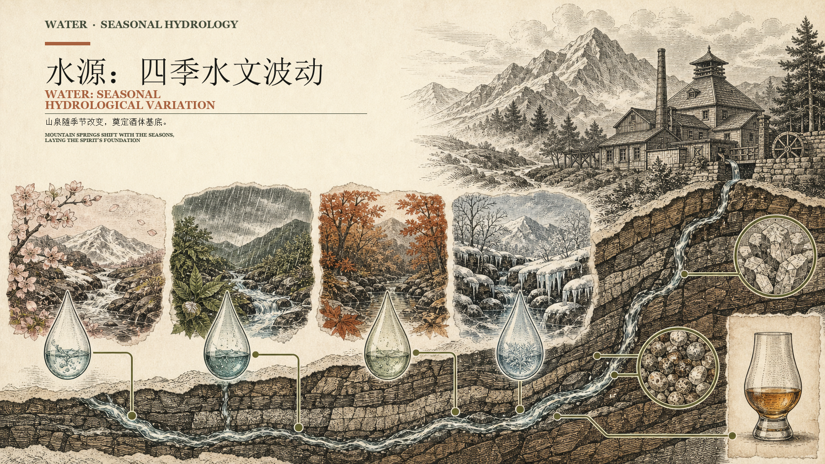 春夏秋冬山泉水文变化与蒸馏厂水源关系图
