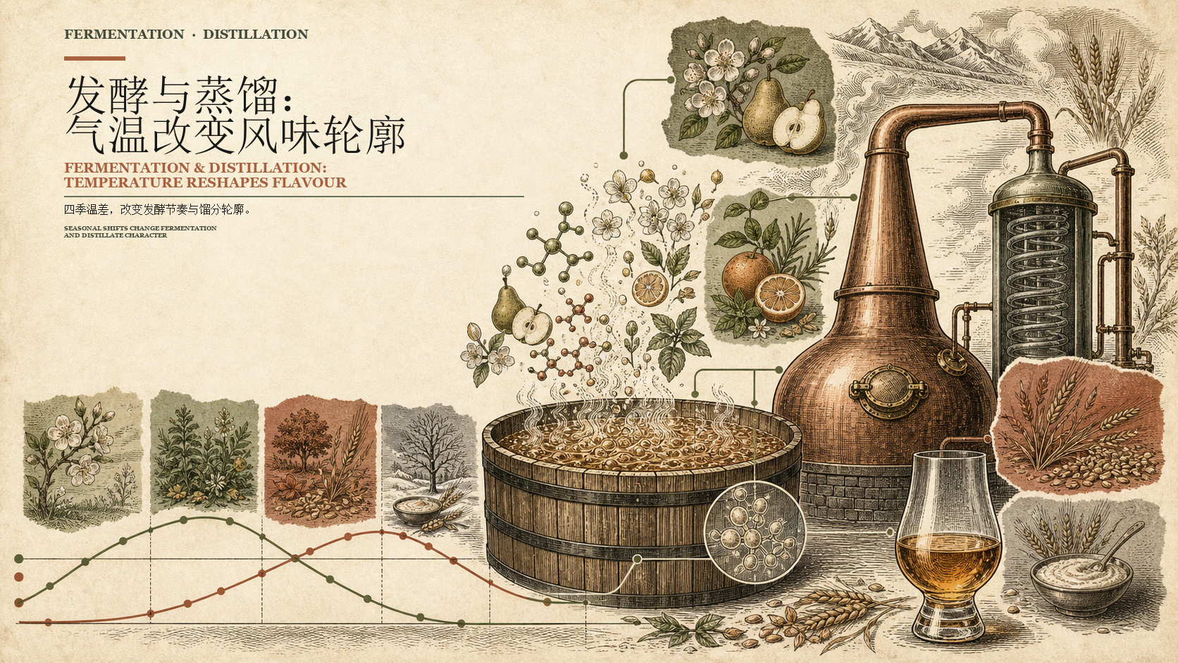 四季温度对发酵节奏、香气与铜制蒸馏器的影响