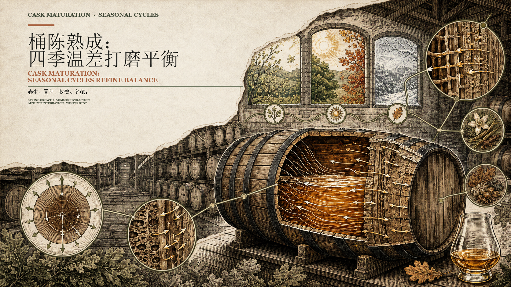 林间仓库内木桶随四季温差呼吸与萃取的剖面图