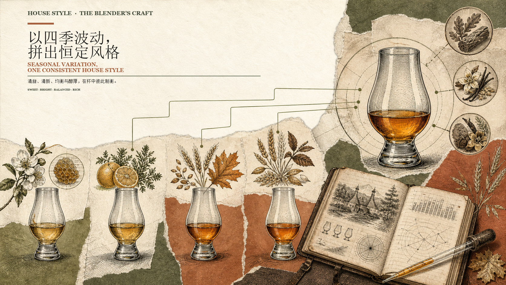 调酒师将四季原酒组合成稳定酒厂风格的拼配示意图