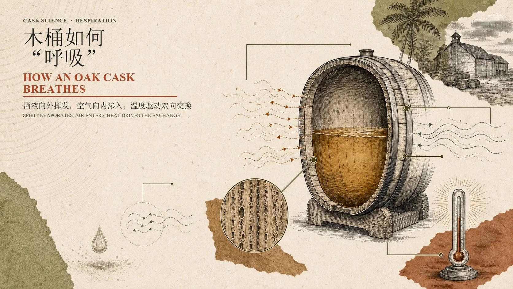 酒液挥发、空气渗入与温度驱动木桶呼吸的技术插画