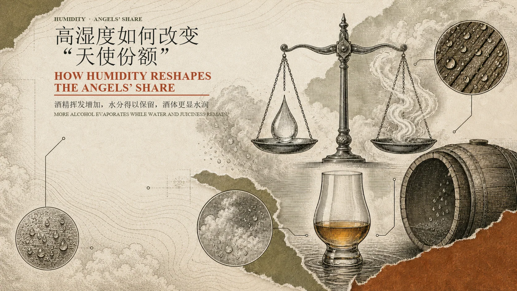 湿度改变酒精与水分挥发比例的天使份额插画