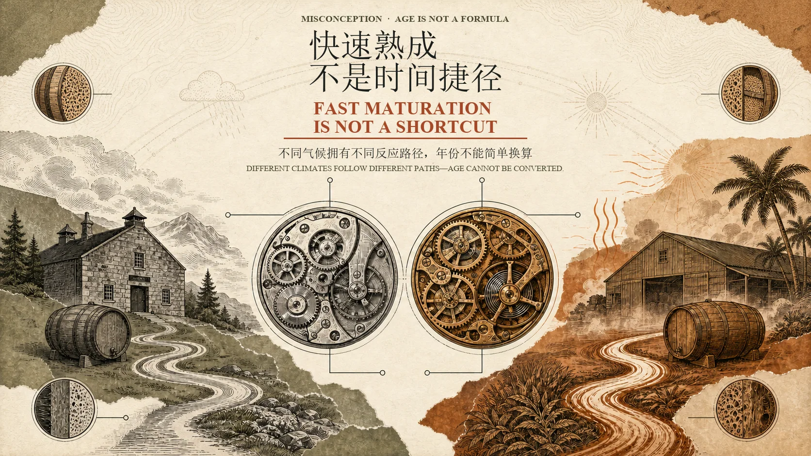 冷凉慢熟与湿热快熟沿不同路径发展的对照插画
