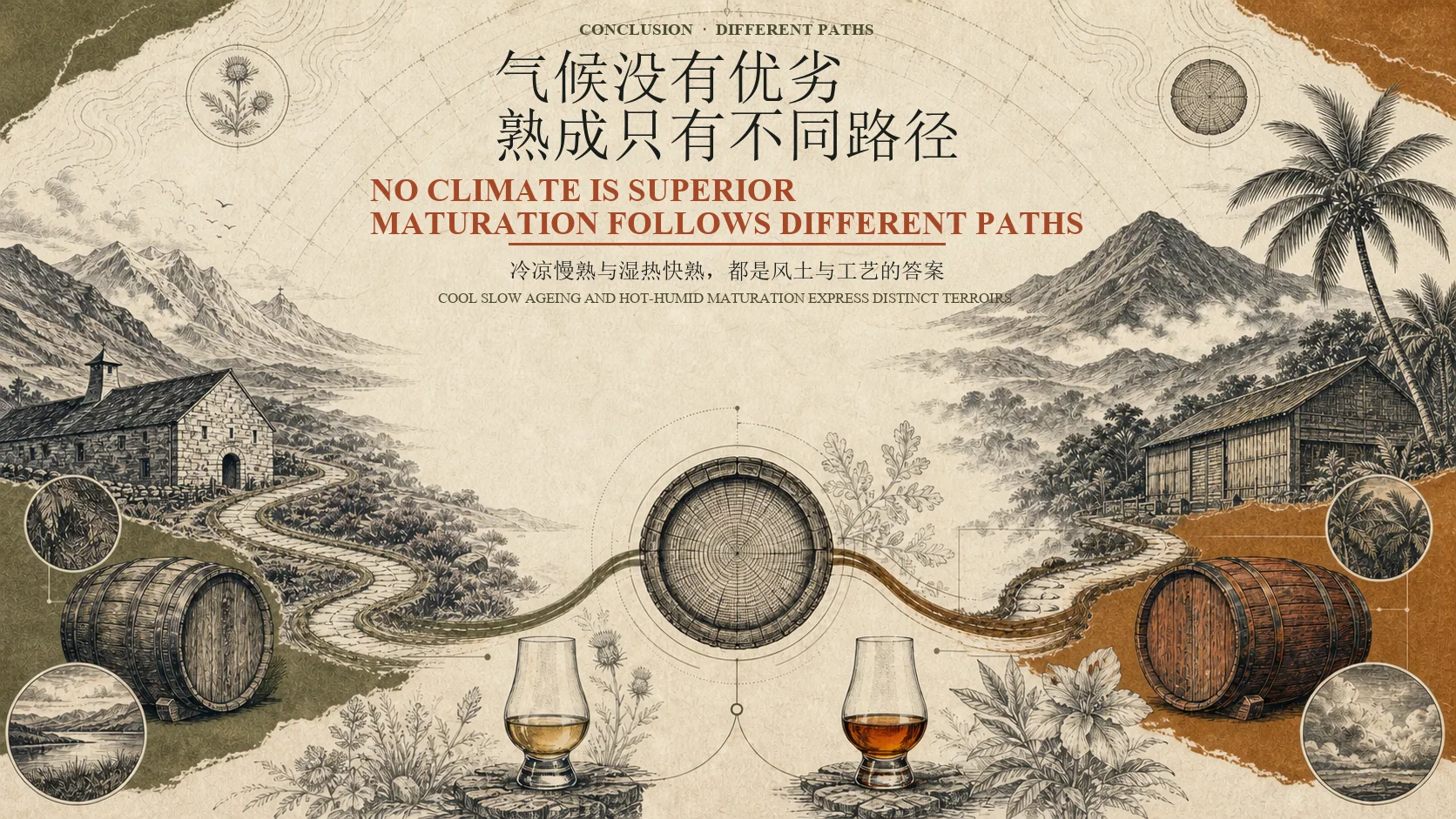 冷凉气候与亚热带湿热气候形成不同威士忌熟成路径的结语插画